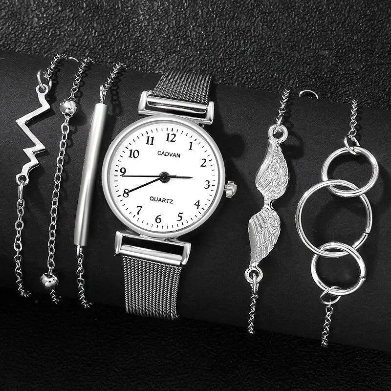 6PCS Ensemble Femmes Montres Mode Dames Quartz Montre Bracelet Ensemble Argenté Mesh Luxe Femmes Montres Robe Horloge Montre Femme