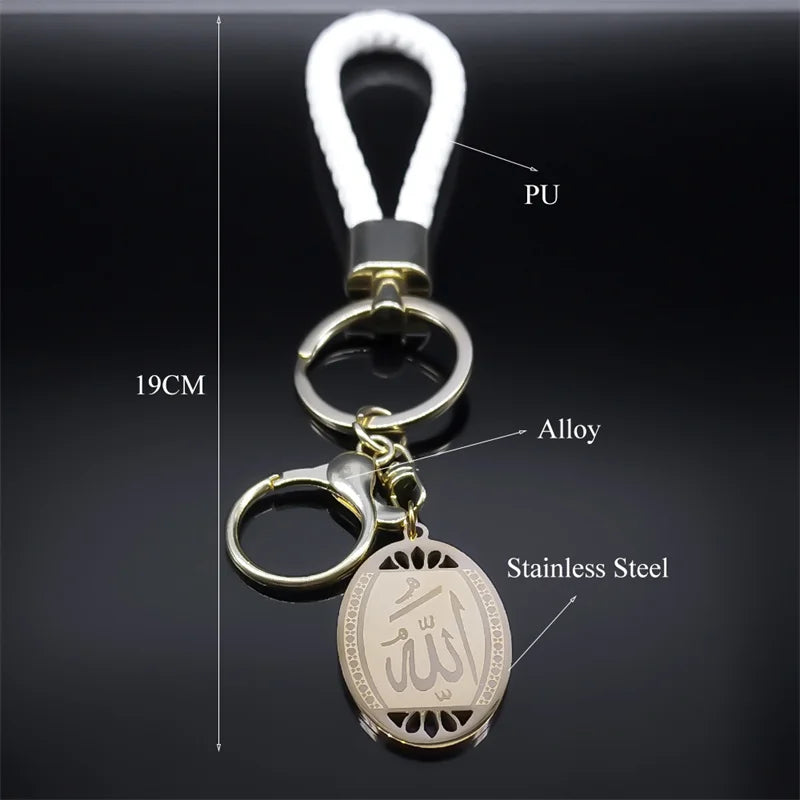 Islamique Arab Allah Pendentif en acier inoxydable Porte-clés pour femmes Hommes Couleur or PU Cuir Musulman Arabe Porte-clés Bijoux Llaveros