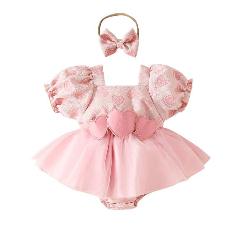 Saint-Valentin bébé cœur body mignon nouveau-né jupe en tulle bouffante manches courtes tout-petit une pièce vêtements d’été pour bébé