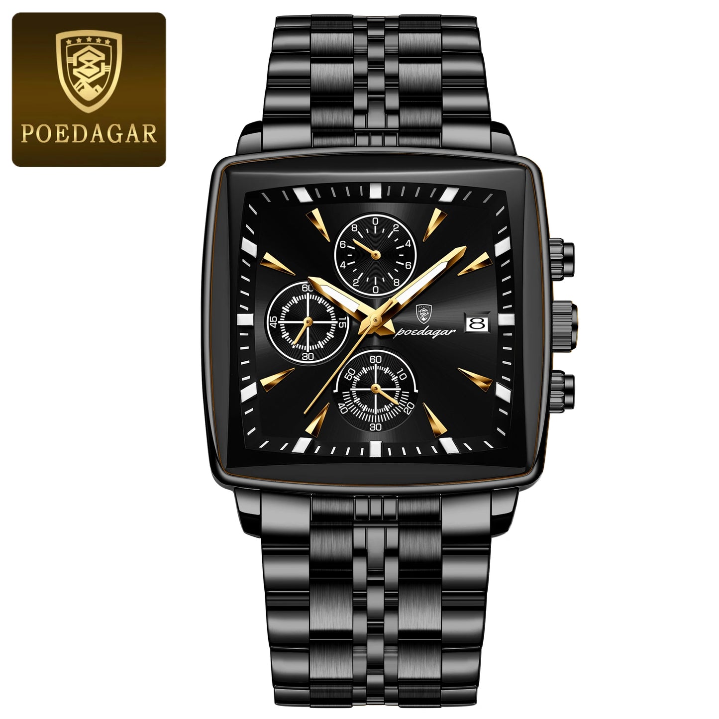 POEDAGAR Business Men Clock Waterproof Luminous Calendar Chronograph Square Man Watch Stainless Steel Quartz Men’s Watches Reloj