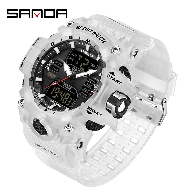 SANDA Luxury G Style Montre électronique pour hommes Sports de plein air LED Analogique Numérique Chronographe Militaire Double Affichage 50M Étanche