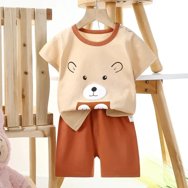 Dessin animé d’été T-shirt Shorts Enfants Ensemble Coton Tees Pantalons Loisirs Garçons et Filles Bébés Vêtements Casual 2pcs