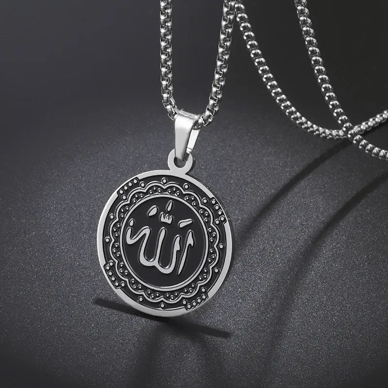 Pendentif de pièce de monnaie en acier inoxydable Collier d’Allah Symboles arabes musulmans islamiques Bijoux religieux Cadeaux pour hommes Femmes