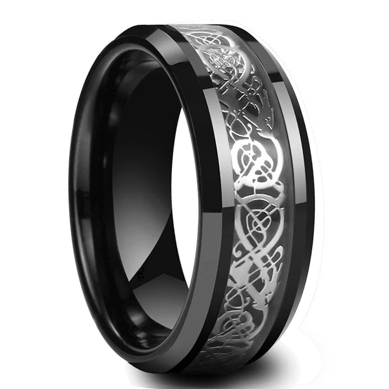 Mode 8mm Red Groove Edge Beveled Steel Stainless Steel Celtic Dragon Rings for Men Zircon Inlay Carbon Fiber Ring Men WeddingBand