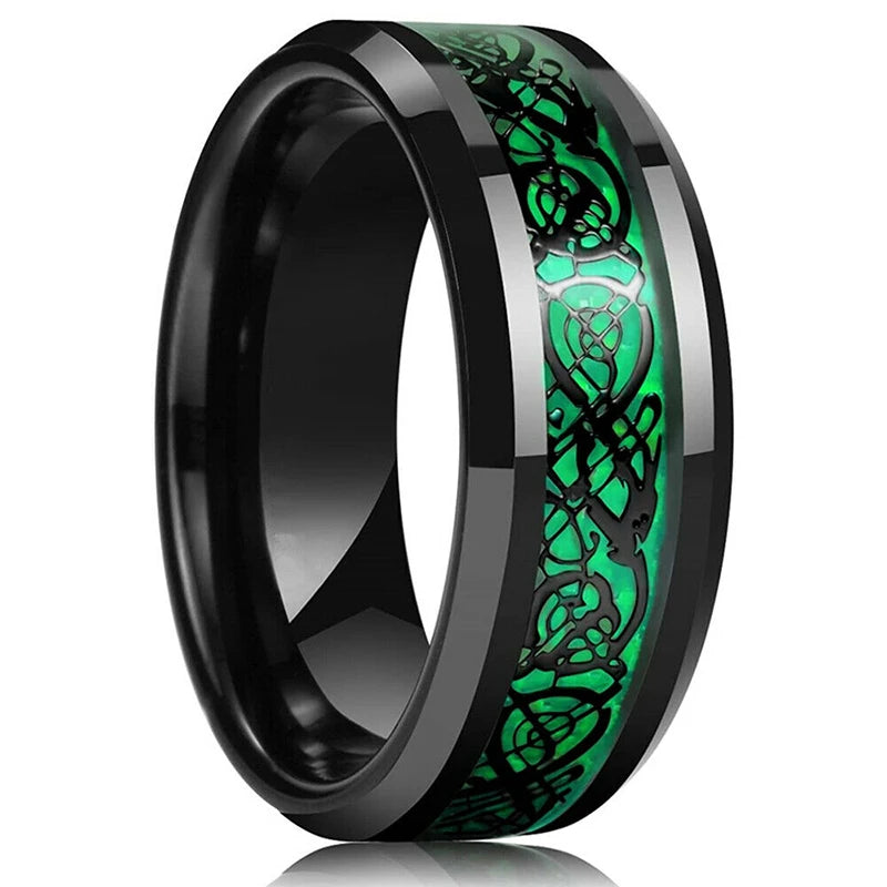 Mode 8mm Red Groove Edge Beveled Steel Stainless Steel Celtic Dragon Rings for Men Zircon Inlay Carbon Fiber Ring Men WeddingBand