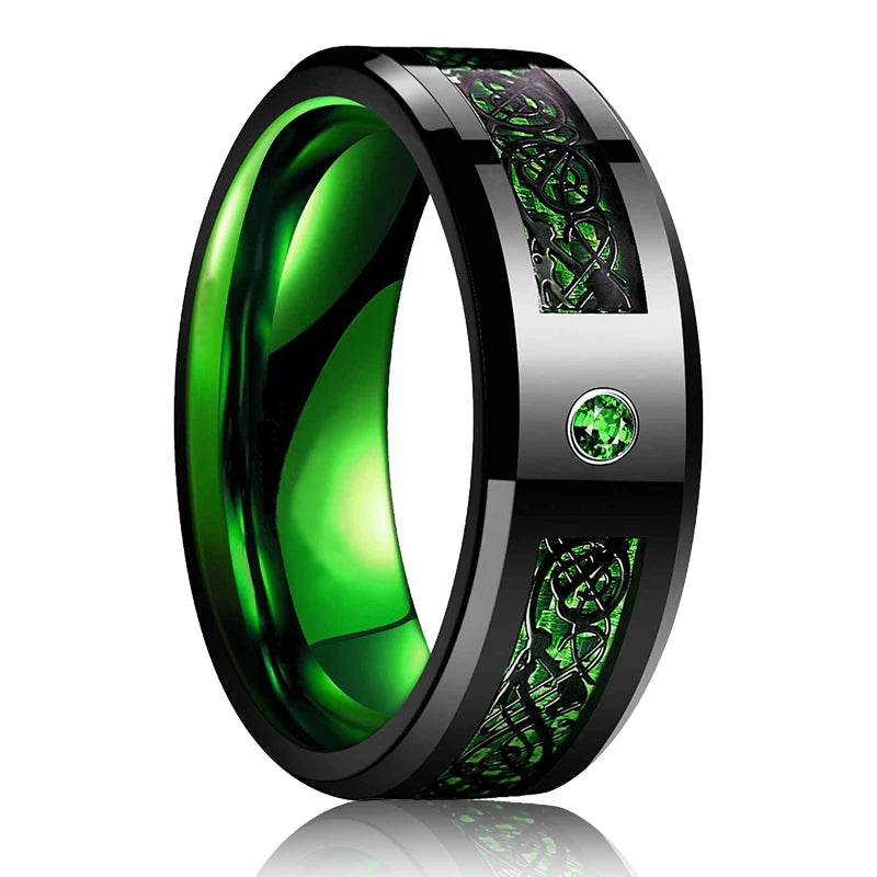 Mode 8mm Red Groove Edge Beveled Steel Stainless Steel Celtic Dragon Rings for Men Zircon Inlay Carbon Fiber Ring Men WeddingBand