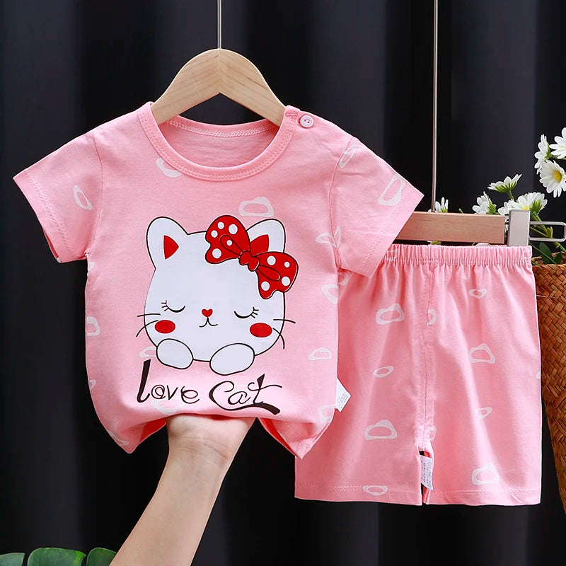 Ensemble de vêtements pour enfants T-shirt bébé garçon/fille + Shorts Vêtements d’été Coton Dessin animé Casual Garçons Survêtement Enfants Ensemble de vêtements pour bébé