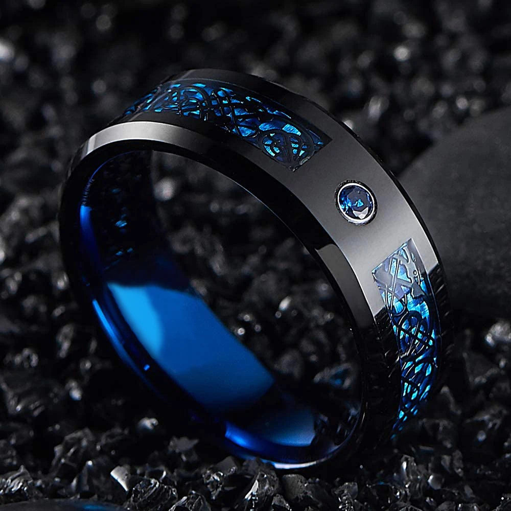 Mode 8mm Red Groove Edge Beveled Steel Stainless Steel Celtic Dragon Rings for Men Zircon Inlay Carbon Fiber Ring Men WeddingBand
