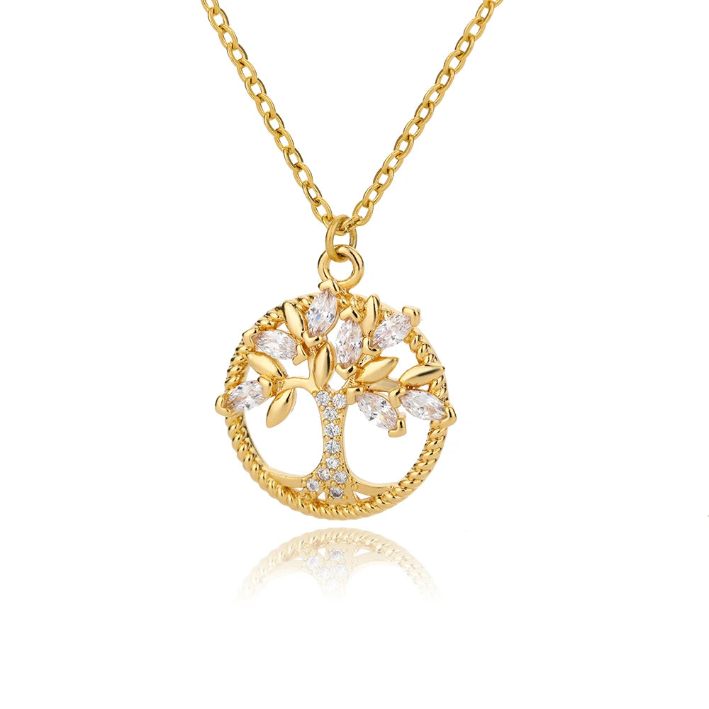 Zircon Arbre de vie Colliers pendentifs ronds pour femmes Chaîne en acier inoxydable Tour de cou Collier strass Bijoux Cadeau Femme