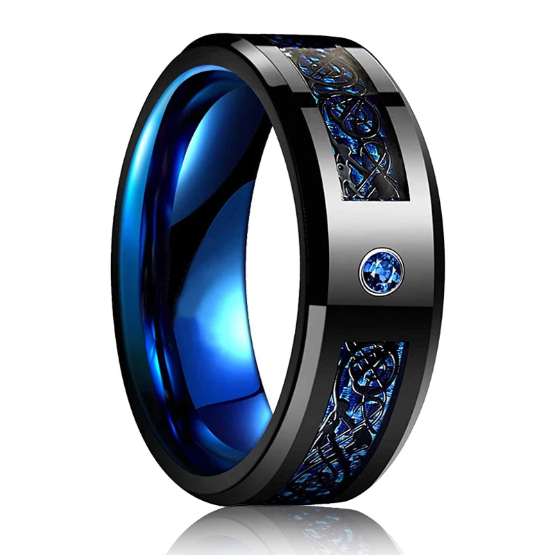 Mode 8mm Red Groove Edge Beveled Steel Stainless Steel Celtic Dragon Rings for Men Zircon Inlay Carbon Fiber Ring Men WeddingBand