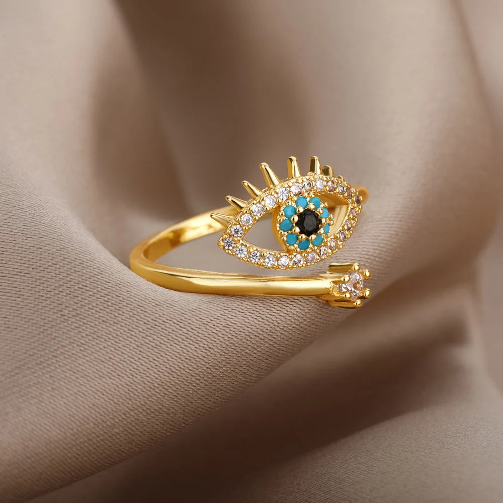 Zircon Evil Eye Anneaux d’ouverture pour femmes Acier inoxydable Zircona Pave Anneau ajusté Wrap Dainty Jewelry Gift Bijoux Femme