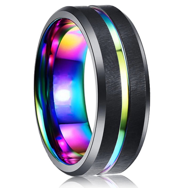 Mode 8mm Red Groove Edge Beveled Steel Stainless Steel Celtic Dragon Rings for Men Zircon Inlay Carbon Fiber Ring Men WeddingBand