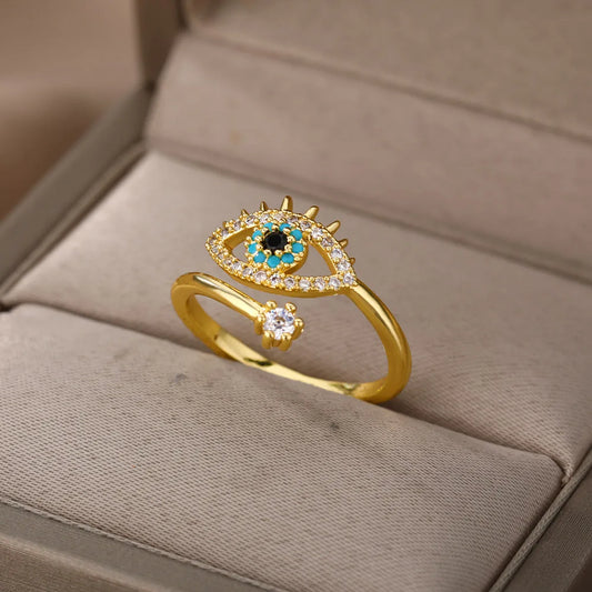 Zircon Evil Eye Anneaux d’ouverture pour femmes Acier inoxydable Zircona Pave Anneau ajusté Wrap Dainty Jewelry Gift Bijoux Femme