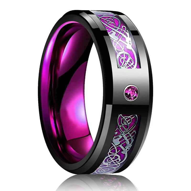 Mode 8mm Red Groove Edge Beveled Steel Stainless Steel Celtic Dragon Rings for Men Zircon Inlay Carbon Fiber Ring Men WeddingBand
