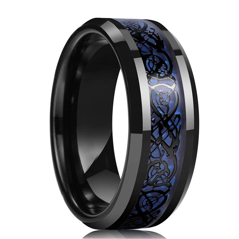 Mode 8mm Red Groove Edge Beveled Steel Stainless Steel Celtic Dragon Rings for Men Zircon Inlay Carbon Fiber Ring Men WeddingBand