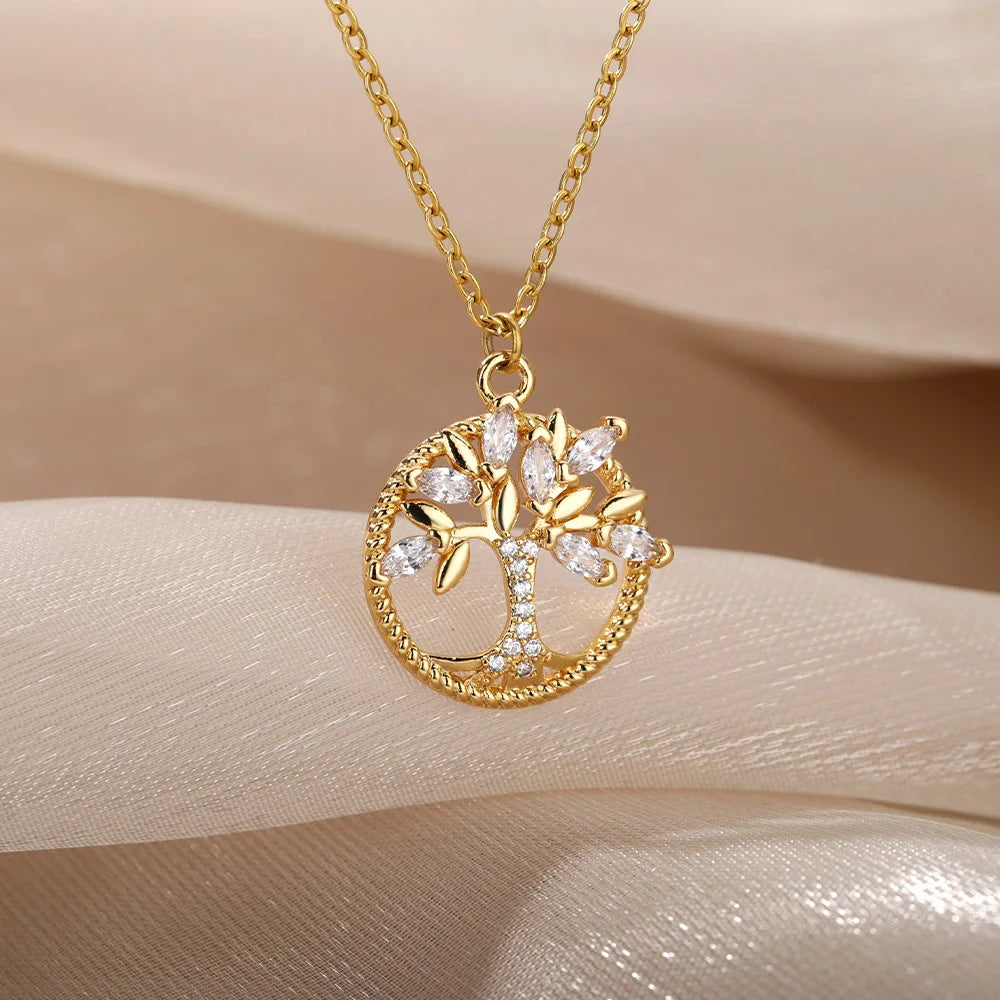Zircon Arbre de vie Colliers pendentifs ronds pour femmes Chaîne en acier inoxydable Tour de cou Collier strass Bijoux Cadeau Femme