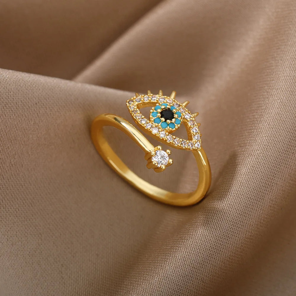Zircon Evil Eye Anneaux d’ouverture pour femmes Acier inoxydable Zircona Pave Anneau ajusté Wrap Dainty Jewelry Gift Bijoux Femme