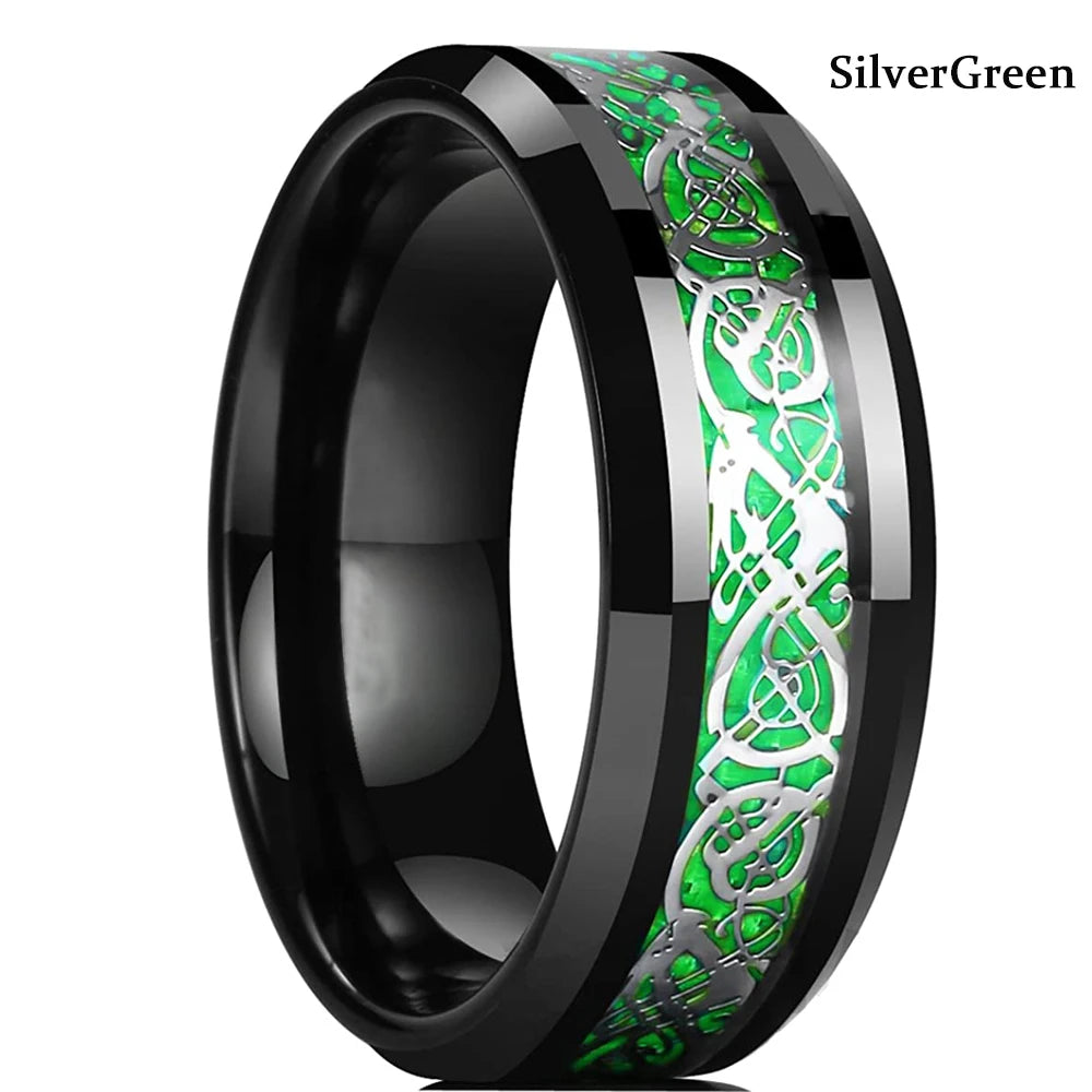 Mode 8mm Red Groove Edge Beveled Steel Stainless Steel Celtic Dragon Rings for Men Zircon Inlay Carbon Fiber Ring Men WeddingBand