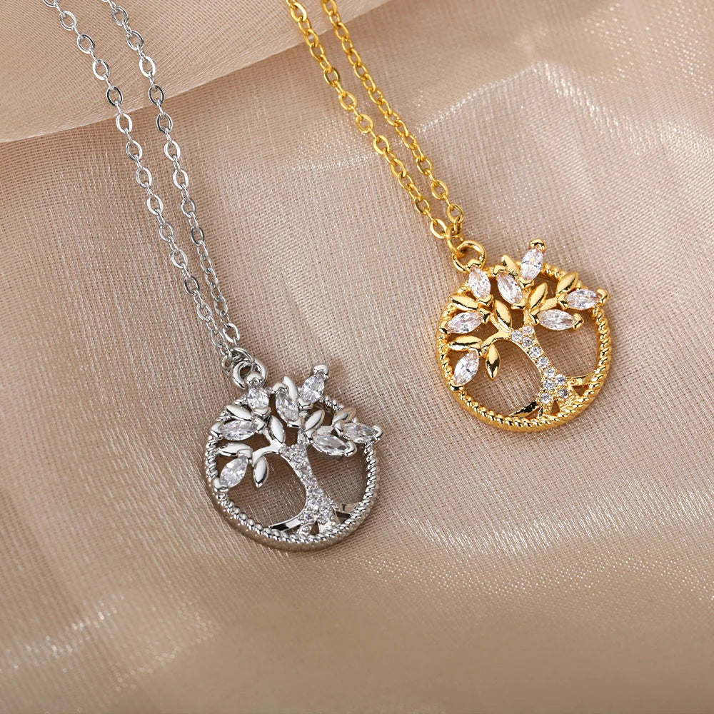 Zircon Arbre de vie Colliers pendentifs ronds pour femmes Chaîne en acier inoxydable Tour de cou Collier strass Bijoux Cadeau Femme