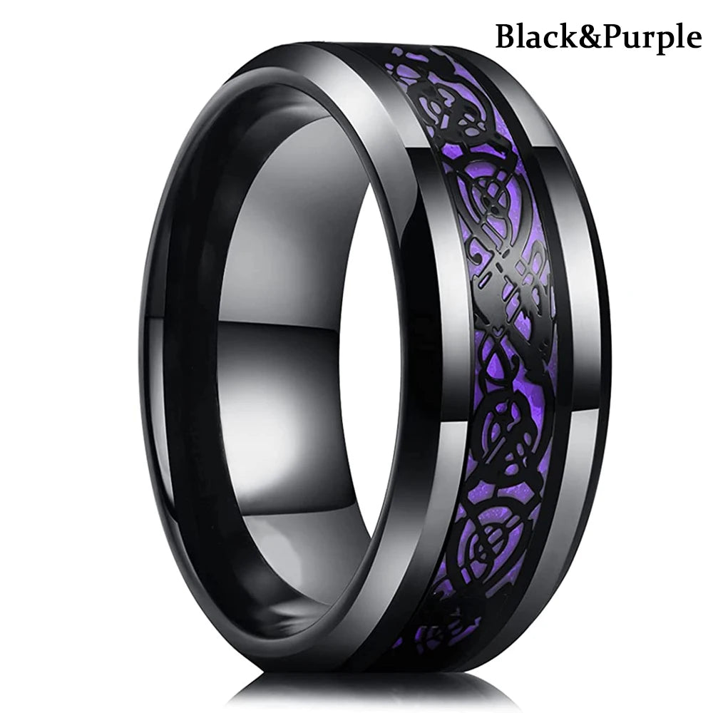 Mode 8mm Red Groove Edge Beveled Steel Stainless Steel Celtic Dragon Rings for Men Zircon Inlay Carbon Fiber Ring Men WeddingBand