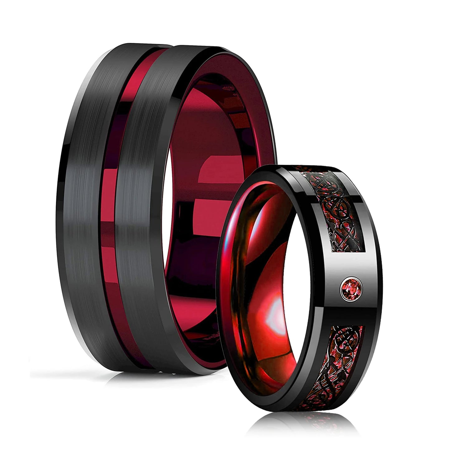 Mode 8mm Red Groove Edge Beveled Steel Stainless Steel Celtic Dragon Rings for Men Zircon Inlay Carbon Fiber Ring Men WeddingBand