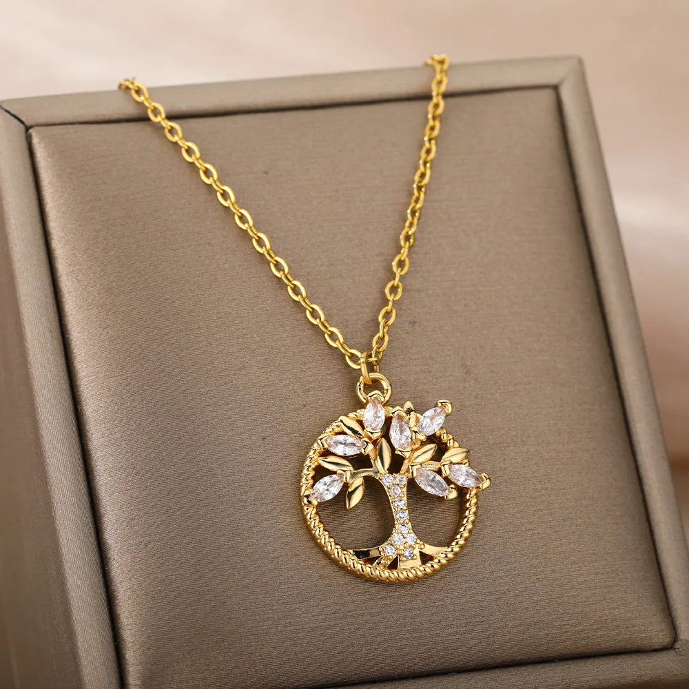Zircon Arbre de vie Colliers pendentifs ronds pour femmes Chaîne en acier inoxydable Tour de cou Collier strass Bijoux Cadeau Femme