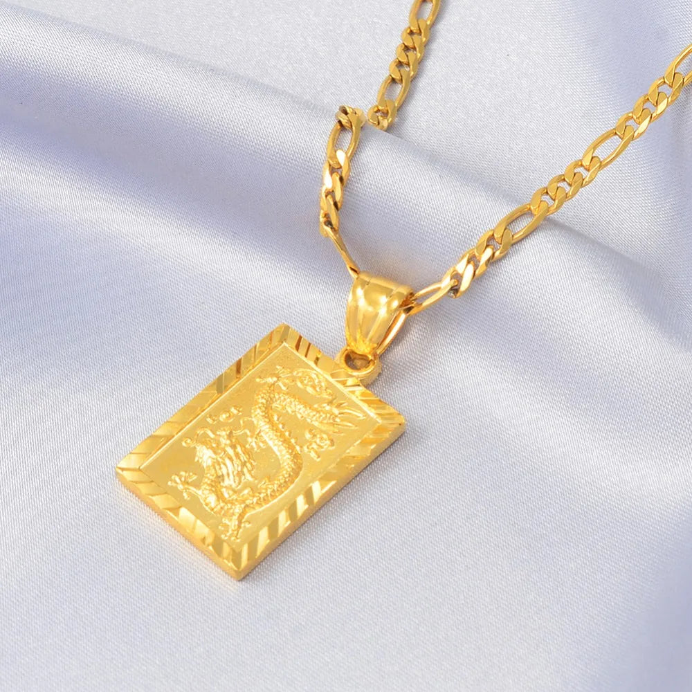 Collier pendentif dragon de bon augure Anniyo pour femmes Bijoux pour hommes Chinois « FU » Bénédiction Richesse de bon augure Longévité #006809