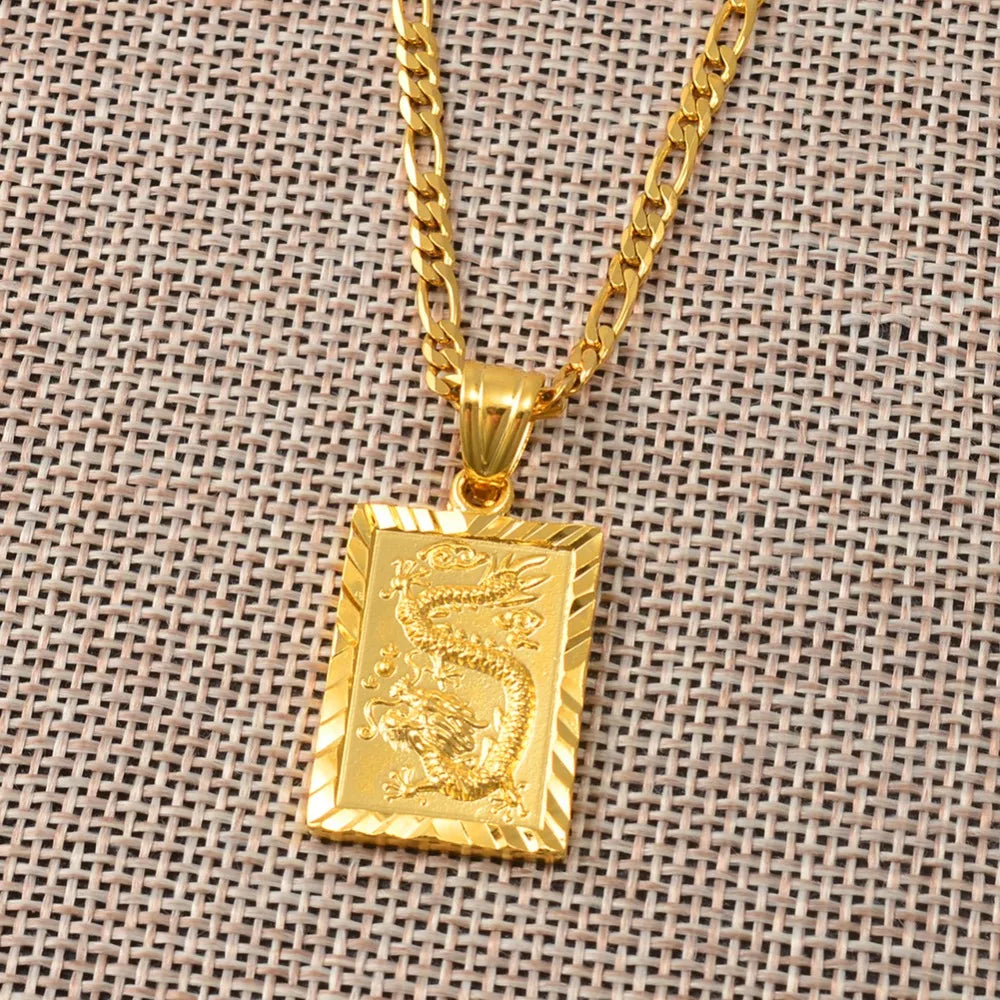 Collier pendentif dragon de bon augure Anniyo pour femmes Bijoux pour hommes Chinois « FU » Bénédiction Richesse de bon augure Longévité #006809