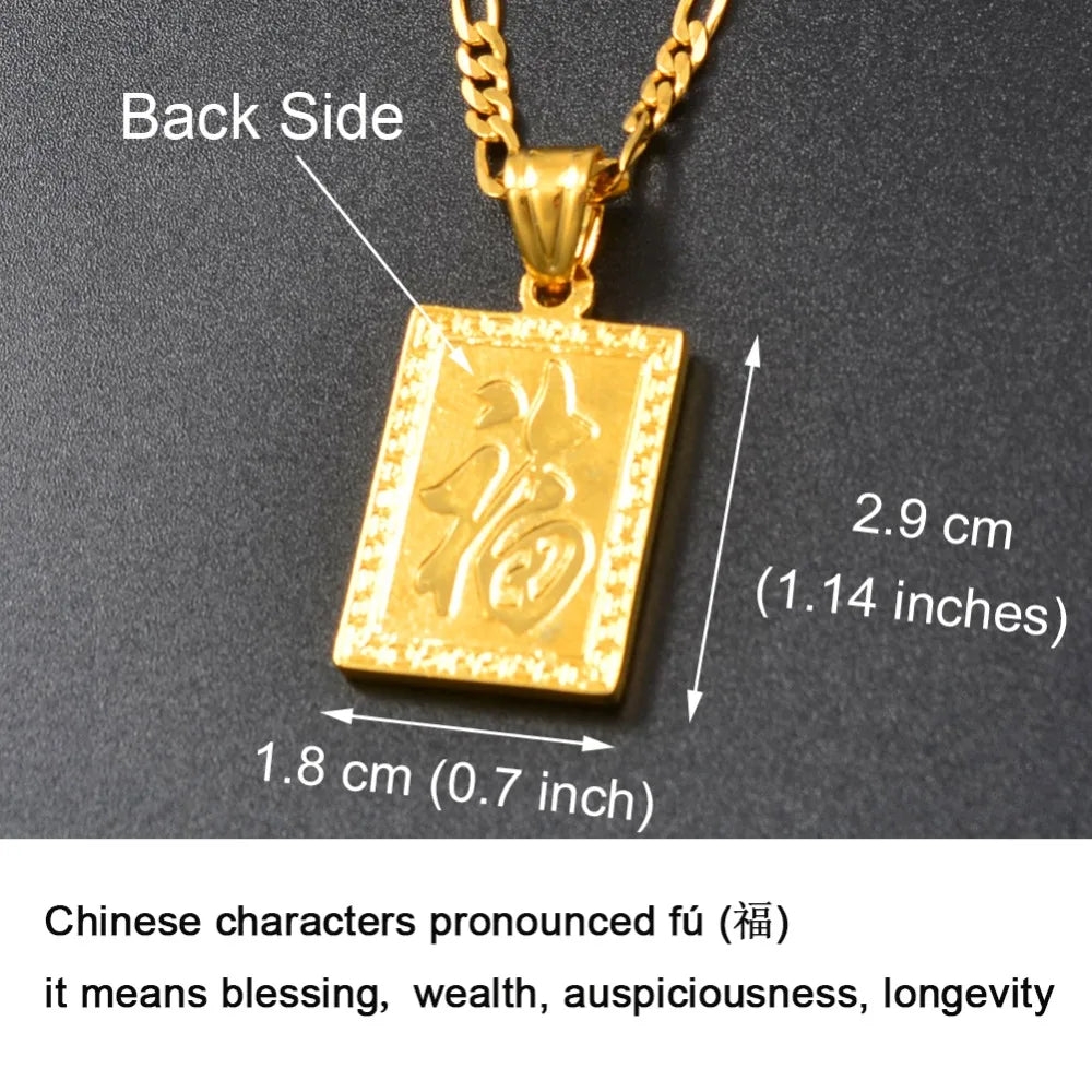 Collier pendentif dragon de bon augure Anniyo pour femmes Bijoux pour hommes Chinois « FU » Bénédiction Richesse de bon augure Longévité #006809