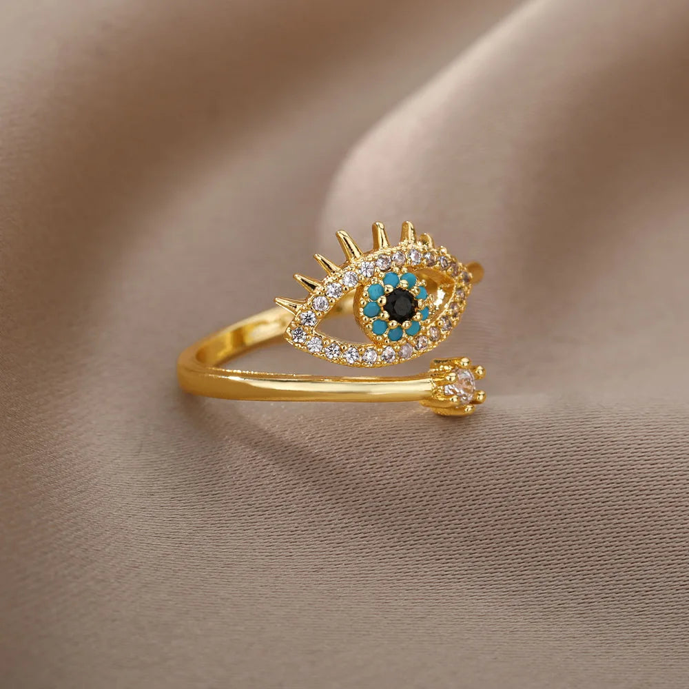 Zircon Evil Eye Anneaux d’ouverture pour femmes Acier inoxydable Zircona Pave Anneau ajusté Wrap Dainty Jewelry Gift Bijoux Femme