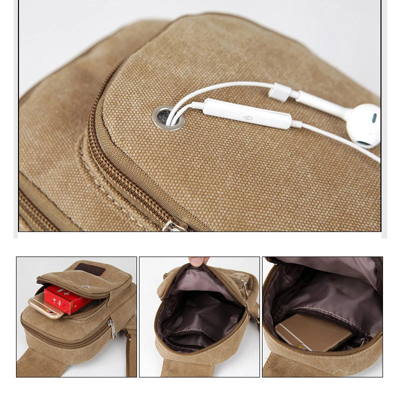 Canvas Usb Charging Men’s Sling Earphone Pouch Men Crossbody Bags Fashion Casual Messengers Bag For Chest Bag Shoulder Pack Sac