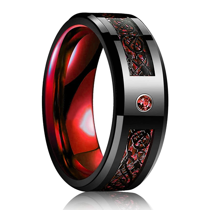 Mode 8mm Red Groove Edge Beveled Steel Stainless Steel Celtic Dragon Rings for Men Zircon Inlay Carbon Fiber Ring Men WeddingBand
