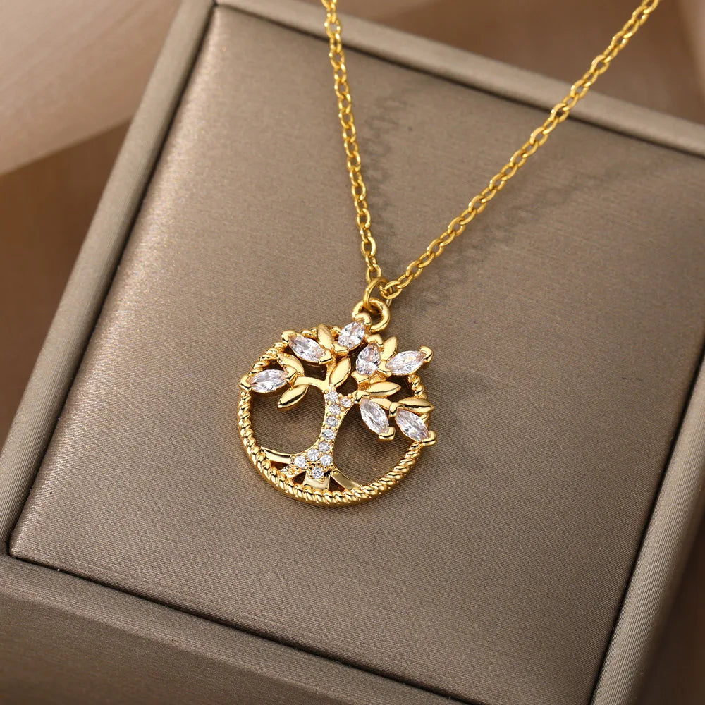 Zircon Arbre de vie Colliers pendentifs ronds pour femmes Chaîne en acier inoxydable Tour de cou Collier strass Bijoux Cadeau Femme