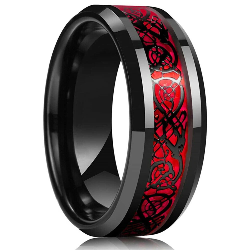 Mode 8mm Red Groove Edge Beveled Steel Stainless Steel Celtic Dragon Rings for Men Zircon Inlay Carbon Fiber Ring Men WeddingBand