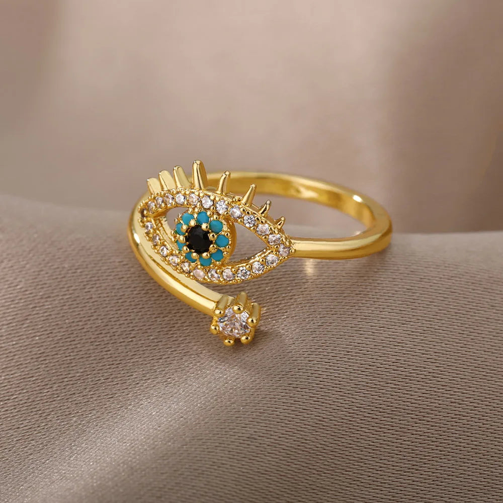 Zircon Evil Eye Anneaux d’ouverture pour femmes Acier inoxydable Zircona Pave Anneau ajusté Wrap Dainty Jewelry Gift Bijoux Femme