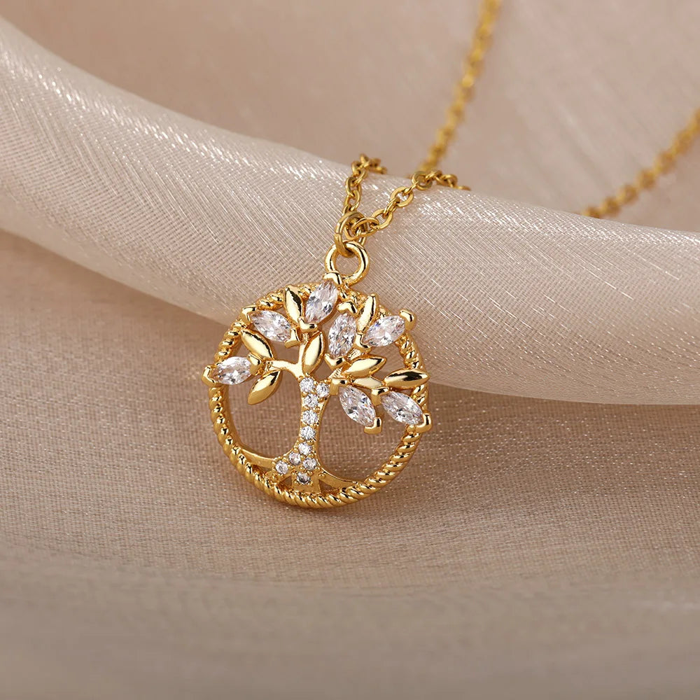 Zircon Arbre de vie Colliers pendentifs ronds pour femmes Chaîne en acier inoxydable Tour de cou Collier strass Bijoux Cadeau Femme