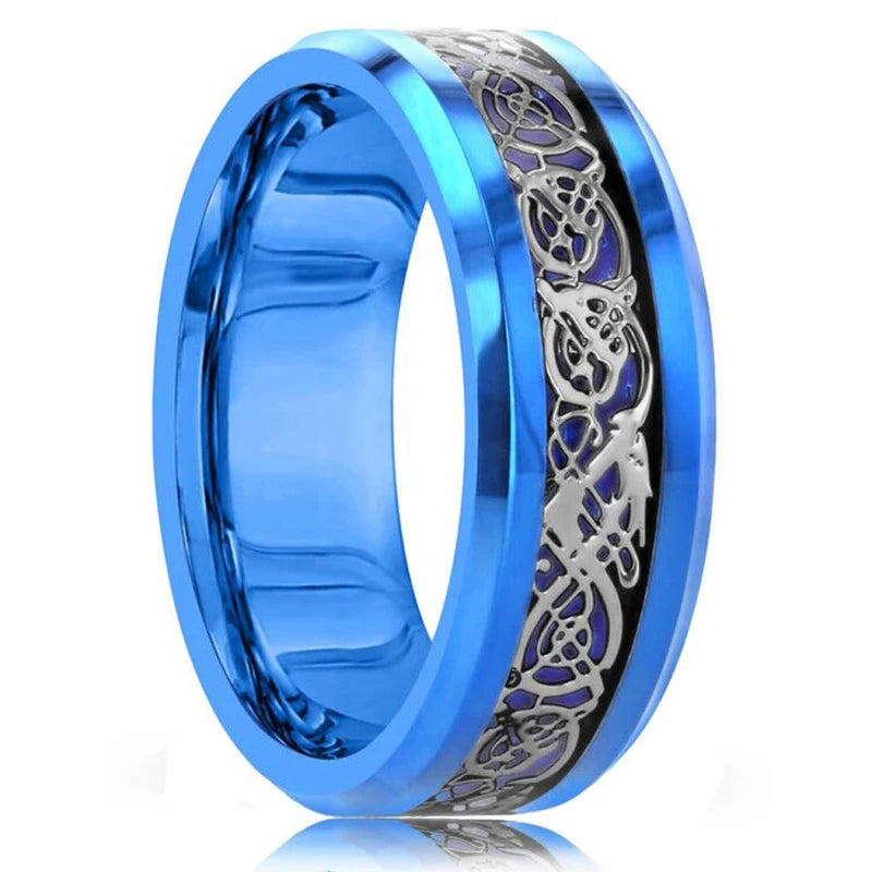 Mode 8mm Red Groove Edge Beveled Steel Stainless Steel Celtic Dragon Rings for Men Zircon Inlay Carbon Fiber Ring Men WeddingBand