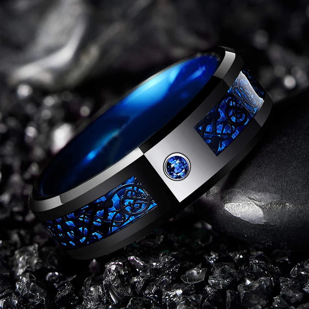 Mode 8mm Red Groove Edge Beveled Steel Stainless Steel Celtic Dragon Rings for Men Zircon Inlay Carbon Fiber Ring Men WeddingBand