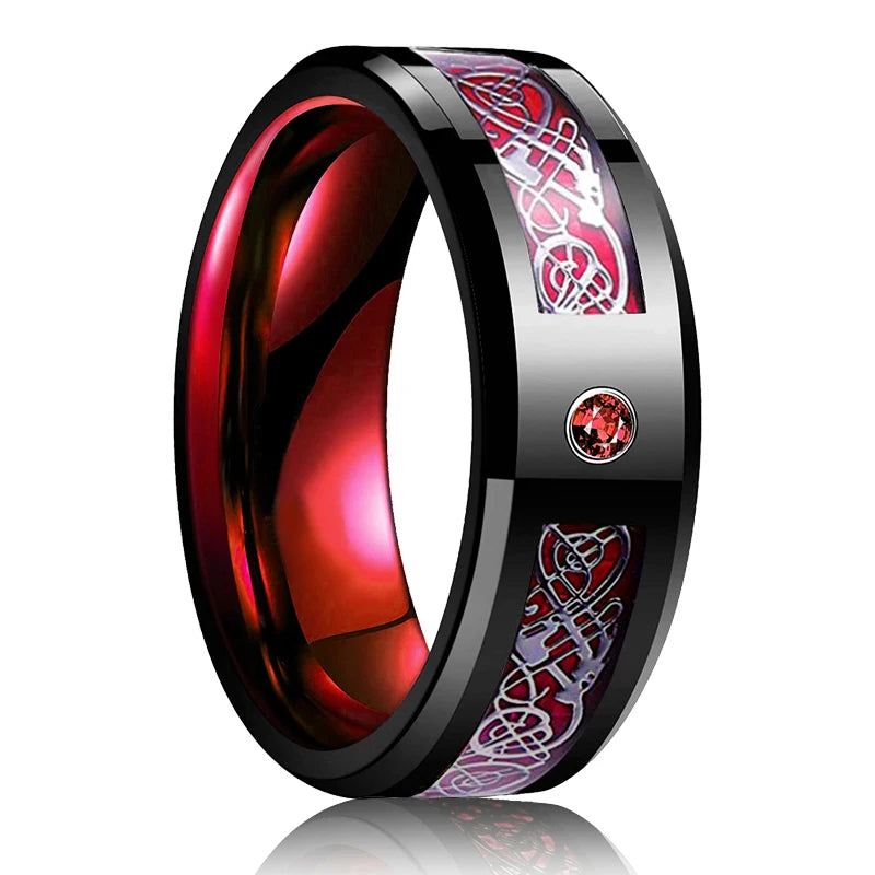Mode 8mm Red Groove Edge Beveled Steel Stainless Steel Celtic Dragon Rings for Men Zircon Inlay Carbon Fiber Ring Men WeddingBand