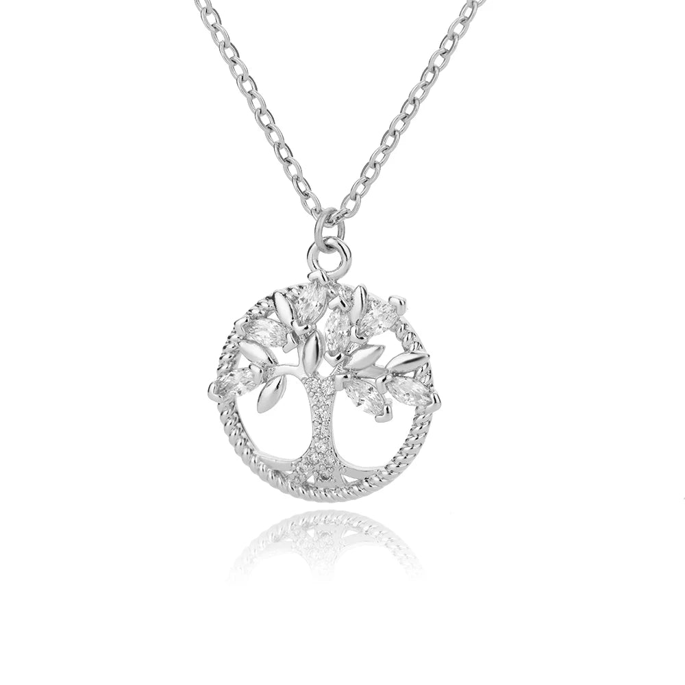 Zircon Arbre de vie Colliers pendentifs ronds pour femmes Chaîne en acier inoxydable Tour de cou Collier strass Bijoux Cadeau Femme
