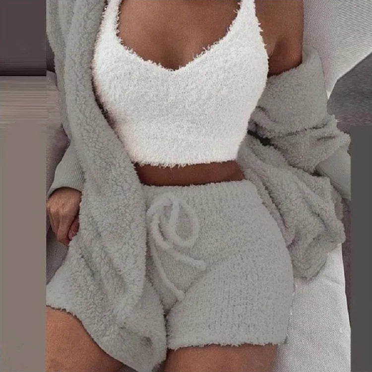 Ensemble de pyjamas moelleux pour femmes Vêtements de nuit décontractés Débardeur et shorts Grande taille Sweat à capuche Loisirs Homsuit Hiver 3 Pièces Pijamas