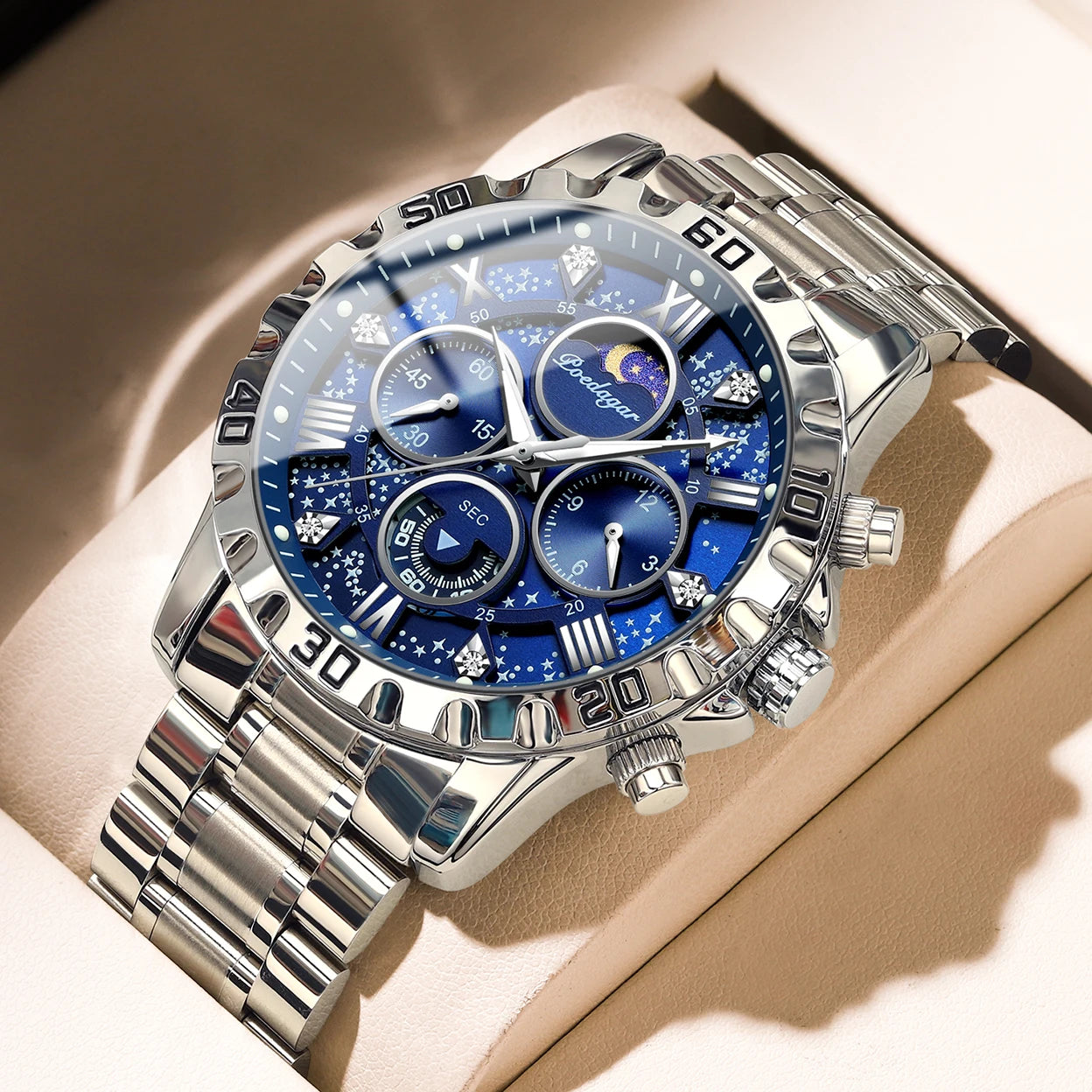 POEDAGAR Montre de luxe pour homme Quartz Sports étanche Lumineux en acier inoxydable Chronographe Hommes Montres Horloge Reloj Reloj