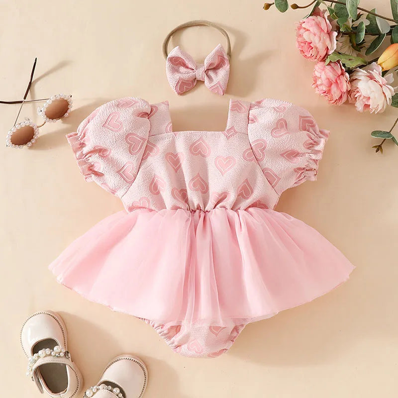 Saint-Valentin bébé cœur body mignon nouveau-né jupe en tulle bouffante manches courtes tout-petit une pièce vêtements d’été pour bébé
