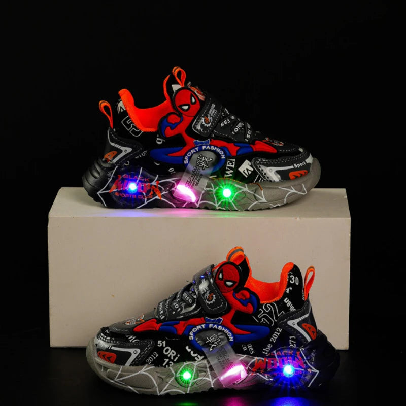 Disney LED Casual Sneakers Rouge Noir Pour Le Printemps Garçons Spiderman Chaussures d’Extérieur Enfants Éclairé Chaussures Antidérapantes Taille 21-30