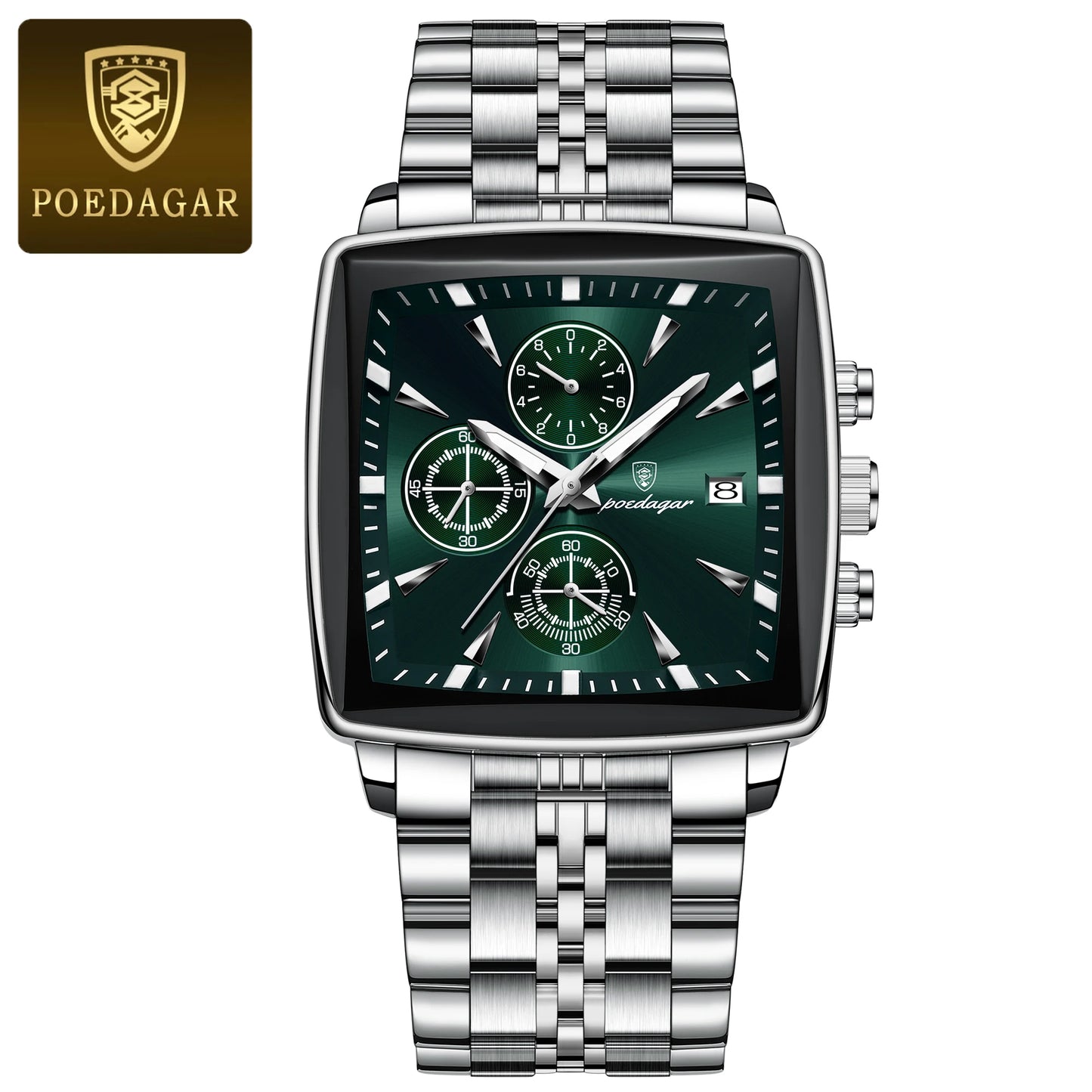 POEDAGAR Business Men Clock Waterproof Luminous Calendar Chronograph Square Man Watch Stainless Steel Quartz Men’s Watches Reloj