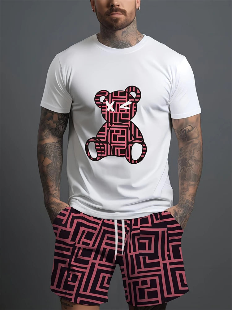 Été Quotidien Casual Hommes à manches courtes Sports de plein air Pantalon de plage pour hommes Mode Bear Print T-shirt et short pour hommes 2pcs Set