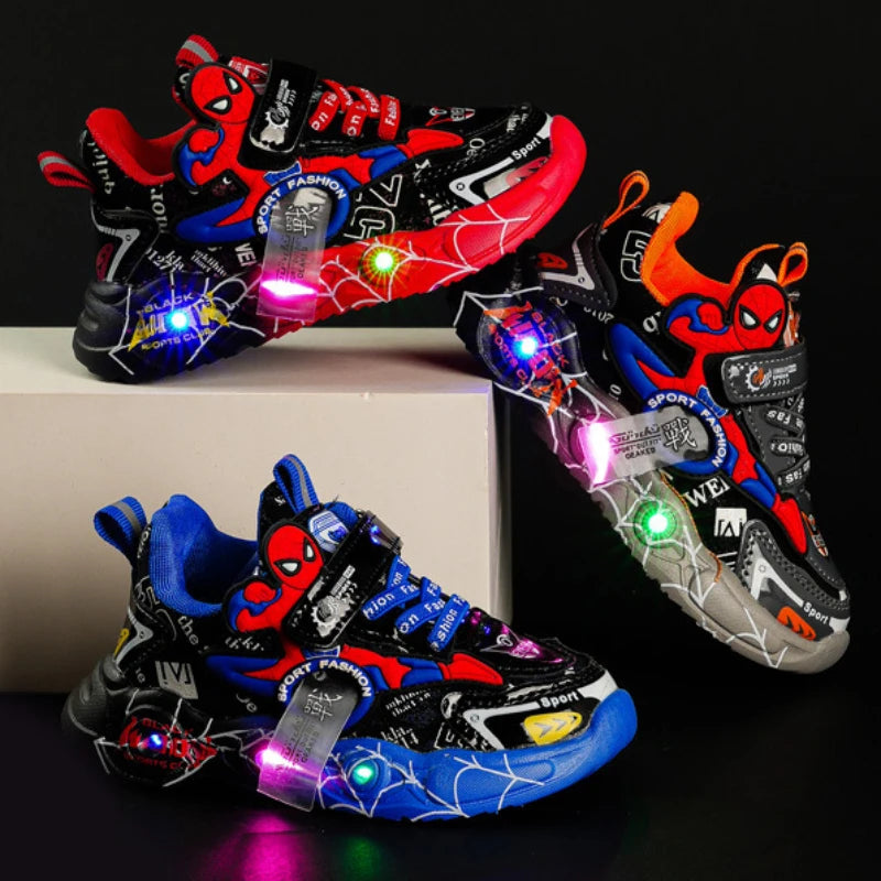 Disney LED Casual Sneakers Rouge Noir Pour Le Printemps Garçons Spiderman Chaussures d’Extérieur Enfants Éclairé Chaussures Antidérapantes Taille 21-30