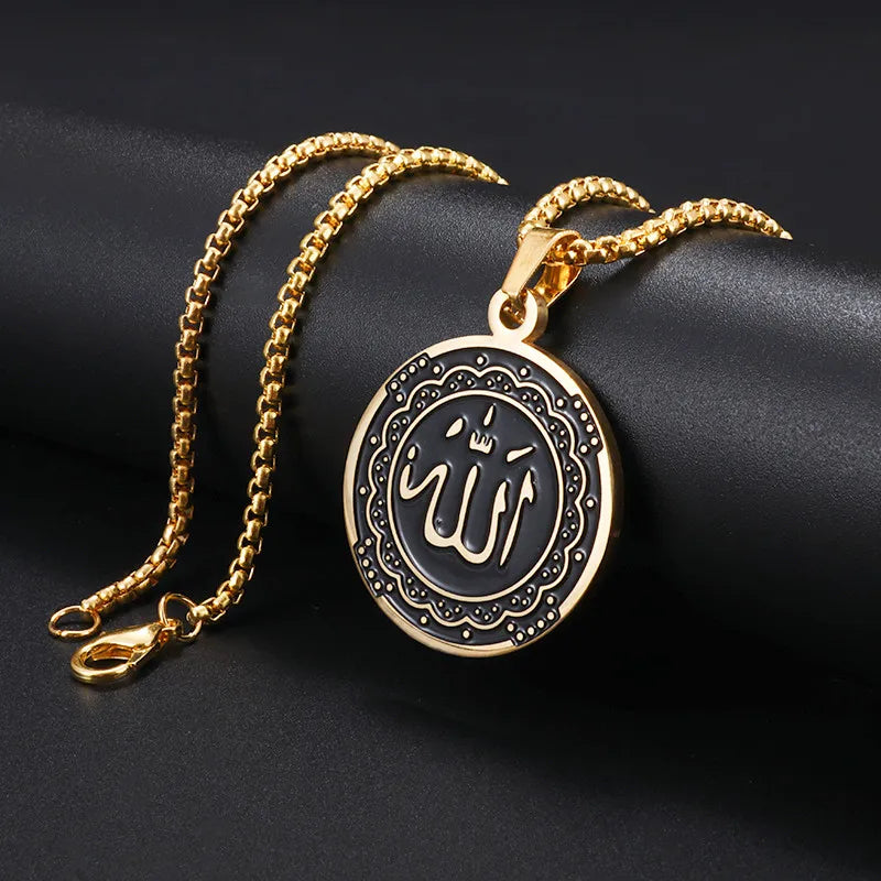 Pendentif de pièce de monnaie en acier inoxydable Collier d’Allah Symboles arabes musulmans islamiques Bijoux religieux Cadeaux pour hommes Femmes