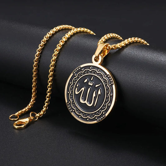 Pendentif de pièce de monnaie en acier inoxydable Collier d’Allah Symboles arabes musulmans islamiques Bijoux religieux Cadeaux pour hommes Femmes