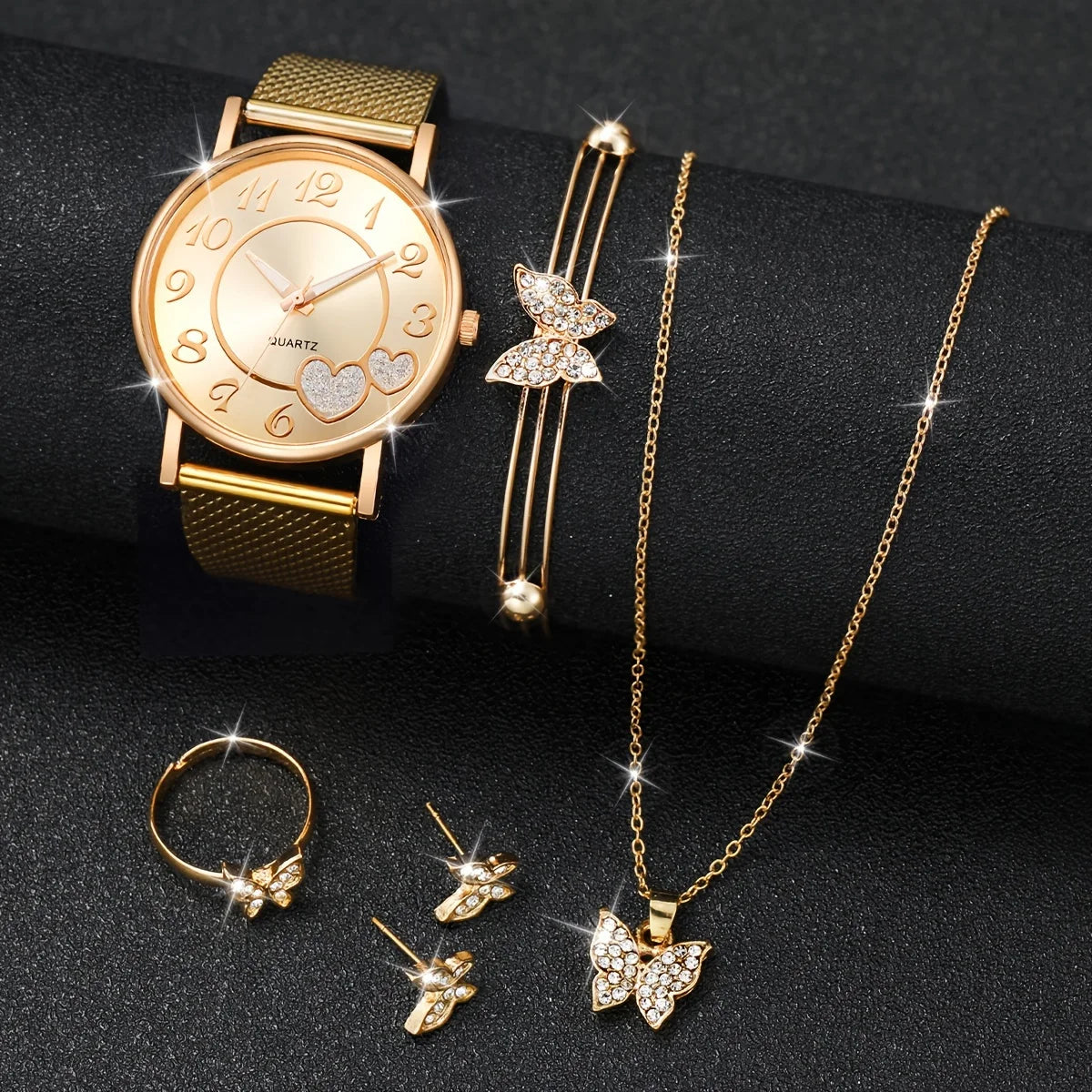 6PCS/coffret pour femme une montre une bague une paire de boucles d’oreilles un bracelet et une chaîne avec un pendentif